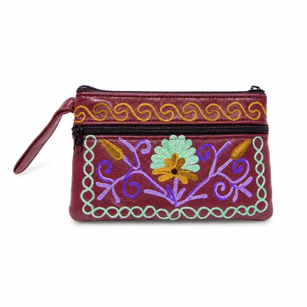 Embroidered Coin Purse Padded Pouch Floral Boho Cosmetic Mini Zipper Bag 8.5x4